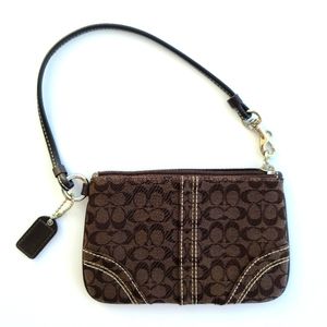 Coach Clutch Purse Signature Wristlet Coin Small Brown Tan Silver Corner Zip